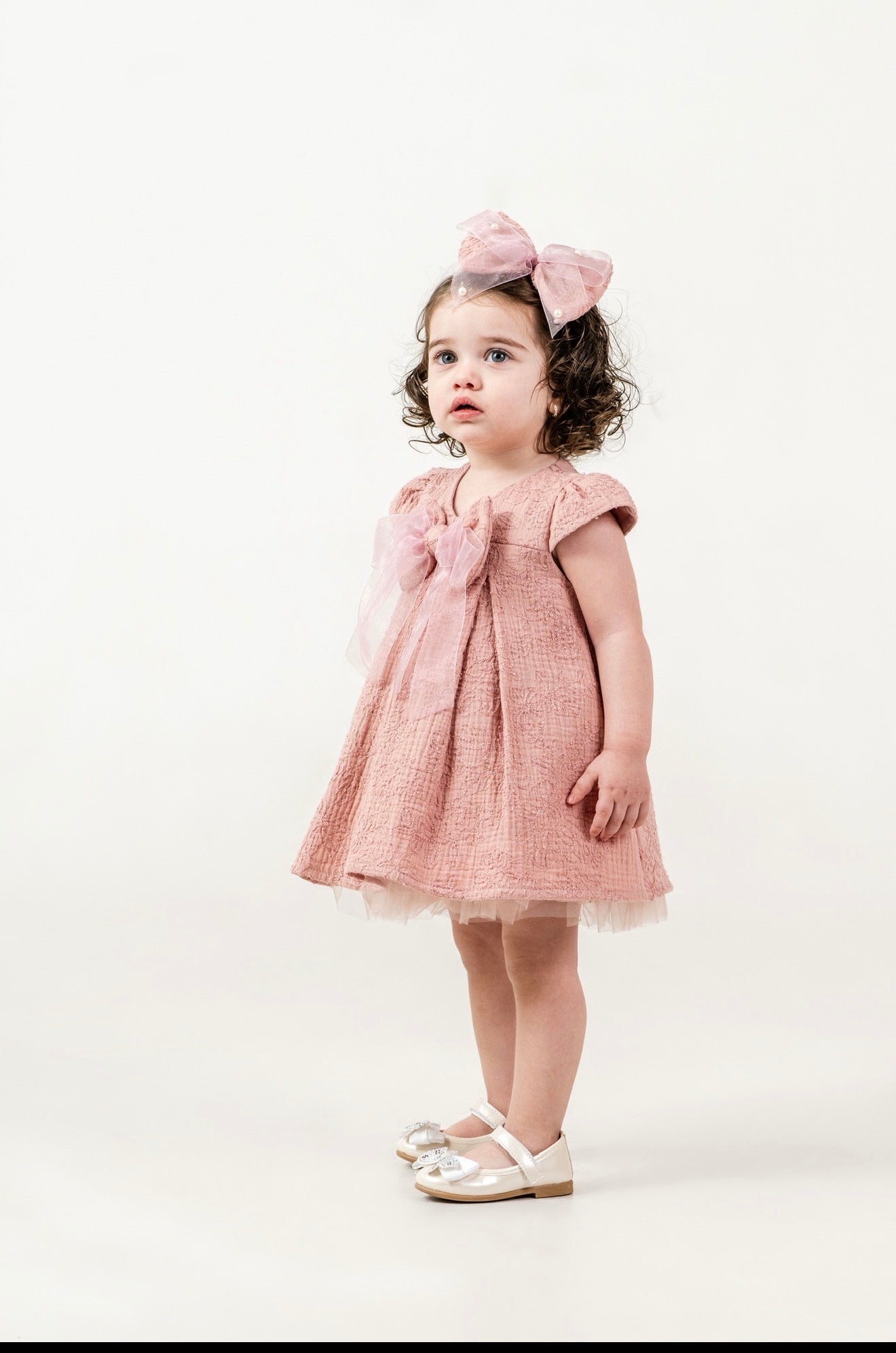 Robe 🎀 avec Serre-tête (Rose/Blanc beige)