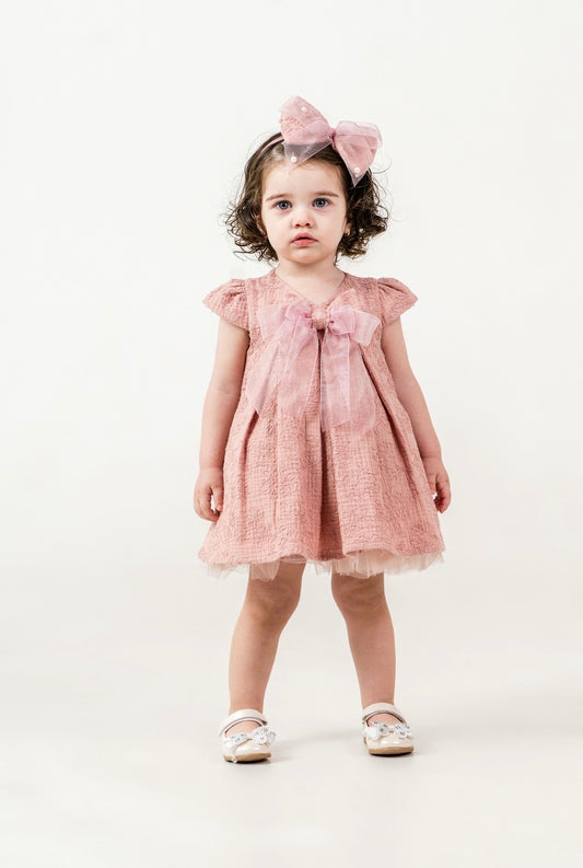 Robe 🎀 avec Serre-tête (Rose/Blanc beige)